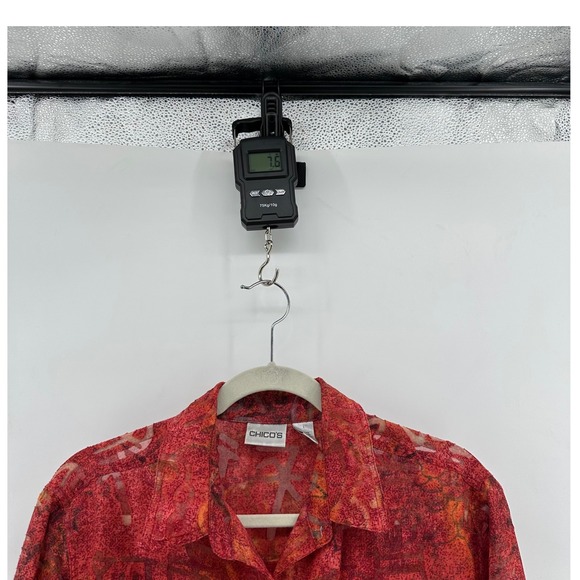 Chicos Red Orange Abstract Print Linen Blend Sheer Button Up Shirt Size 1 US M - Picture 10 of 11